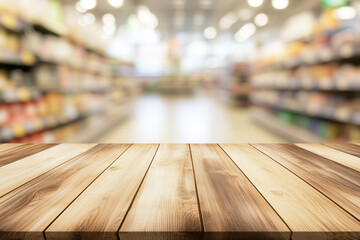Empty wooden tabletop in the foreground with a soft-focus view of a supermarket aisle, perfect for product display and advertising visuals