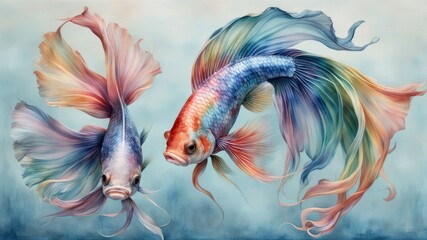 Fototapeta premium Beautiful watercolor painting of a Chinese fighting fish from the tip of a brush.