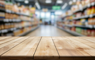 Wooden tabletop in the foreground with a blurred grocery store aisle in the background, perfect for product display mockups and advertising visuals