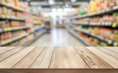 Wooden countertop surface in the foreground with a blurred background of a supermarket aisle filled with shelves and various products.
