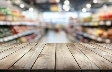 Empty wooden table with blurred shelves of a grocery store in the background. Product presentation and marketing concept for design and print. Retail and shopping environment with copy space