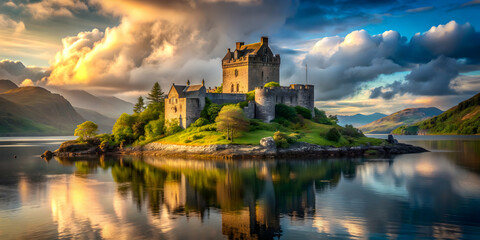 Obraz premium Beautiful medieval castle on a remote island in a mystical legend, medieval, castle, island, remote, mystical