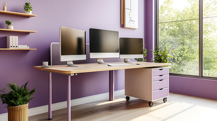 Purple office coworking interior with table and pc monitors drawer and window