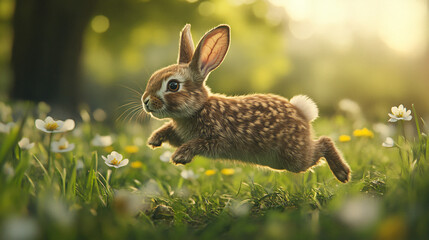 A rabbit hopping across a meadow in spring.