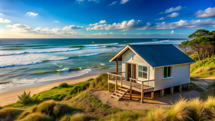 Small beachfront house with ocean view , beach, house, ocean, view, coastal, horizon, cabin, seaside, water, waves, peaceful