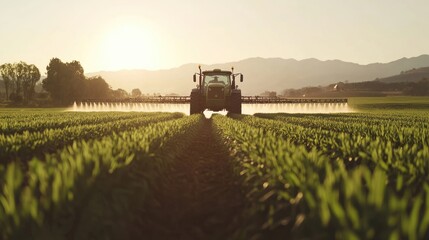 Farming tractor spraying plants in a field.