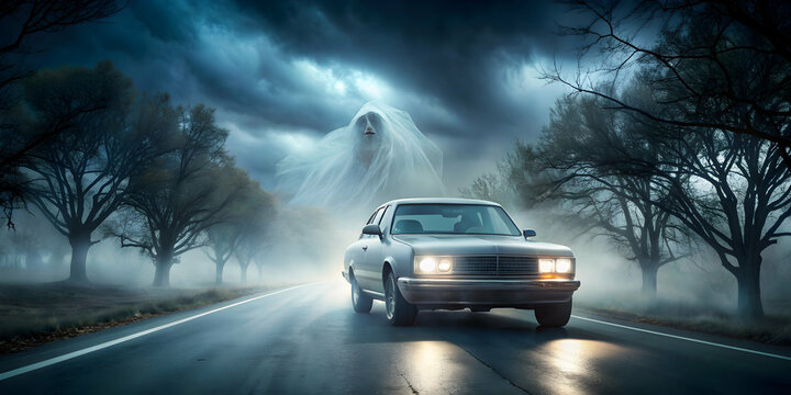 of a ghost car driving on a spooky road at night , ghost, car,spooky, road, night, haunted, supernatural, paranormal