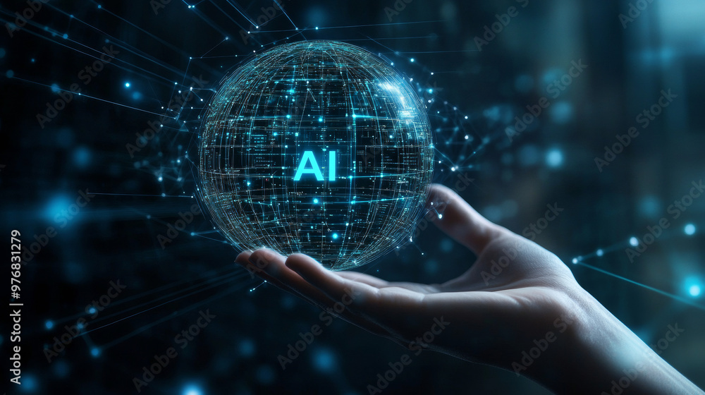 Poster ai artificial intelligence logo held in a hand, representing artificial intelligence and machine lea
