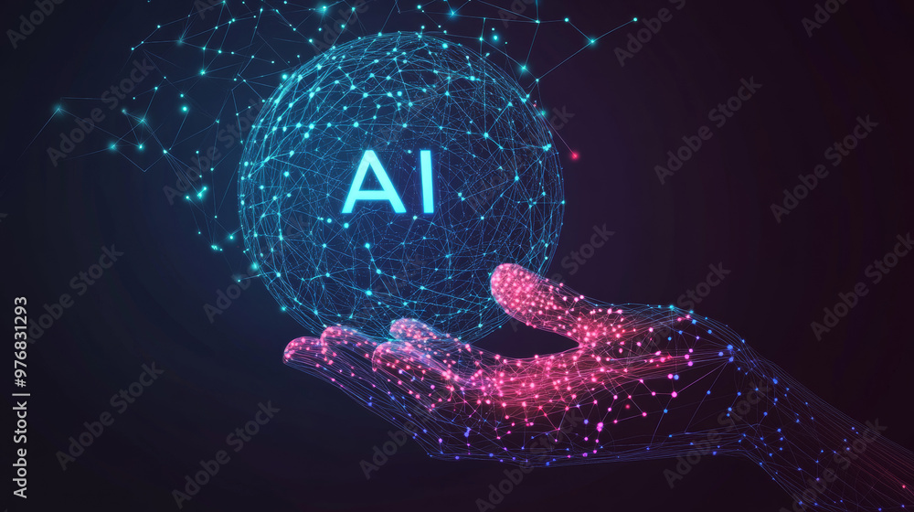 Poster ai artificial intelligence logo held in a hand, representing artificial intelligence and machine lea
