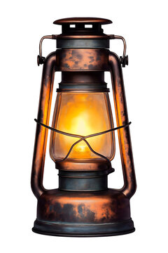 Vintage oil lantern with glowing light in rusted metal design, isolated on a transparent background, perfect for rustic decor, camping, or historical-themed designs
