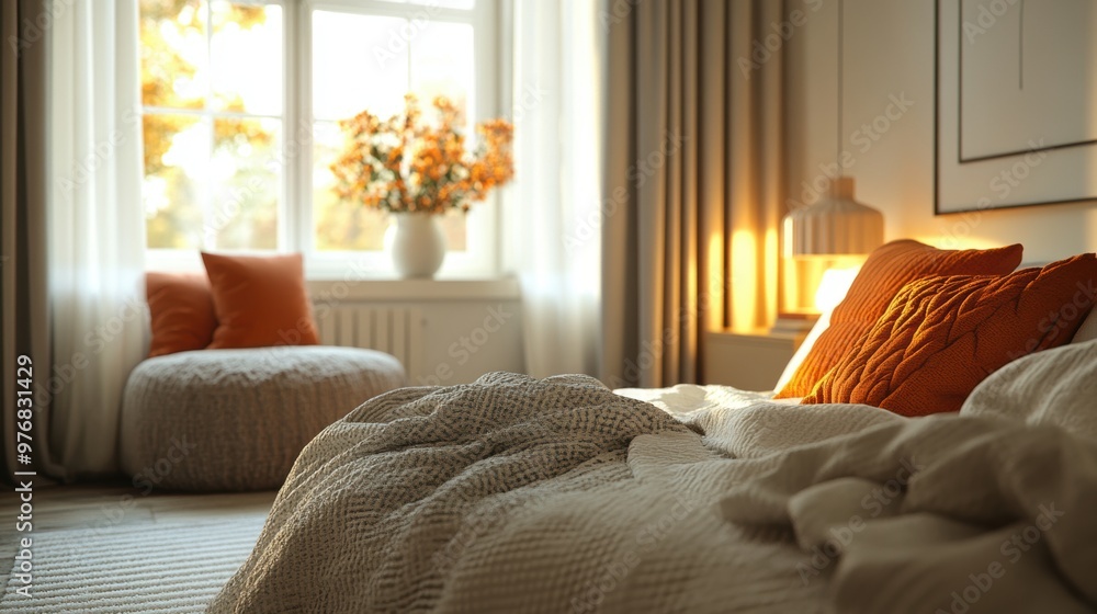 Poster cozy autumn design banner features textured fabrics and soft lighting for a relaxing and inviting am