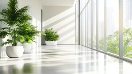 Fototapeta premium Modern Minimalist Interior Design White Hallway with Green Plants and Large Windows