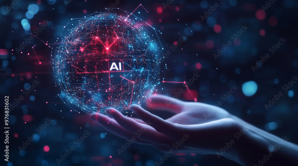 Poster ai artificial intelligence logo held in a hand, representing artificial intelligence and machine lea