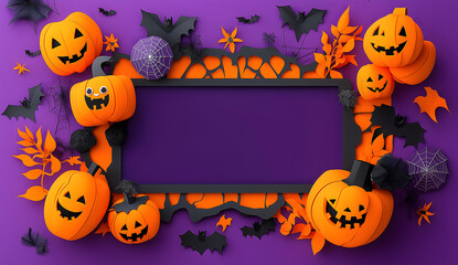 Festive Halloween background with pumpkins, bats, and spooky decorations on a purple frame, perfect for party invitations, banners, and seasonal holiday designs
