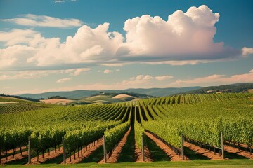 Fototapeta premium Picturesque Vineyards Sprawling Over Rolling Hills Under a Serene Summer Sky with Cotton Candy Clouds