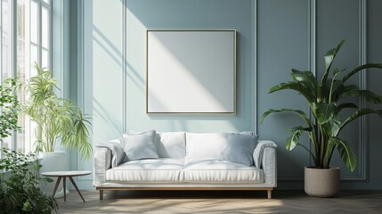Modern Living Room Interior Design with White Sofa  Plants  and Blank Canvas Mockup