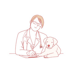 Vet checks pets. hand drawn vector art style. Vet diagnosys and checks pets. hand drawn vector cartoon art style.