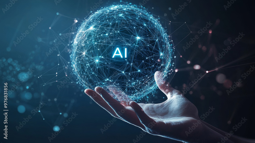 Poster ai artificial intelligence logo held in a hand, representing artificial intelligence and machine lea