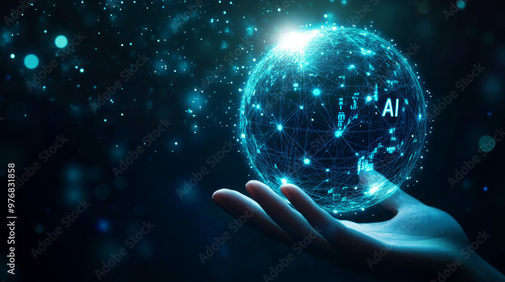 Poster ai artificial intelligence logo held in a hand, representing artificial intelligence and machine lea