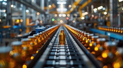 production line in bottling plant with bottles moving on conveyor belt in manufacturing facility.