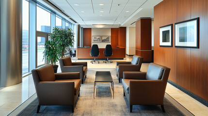 Fototapeta premium A professional office environment with high-quality furniture, a central conference area, and a welcoming lobby.