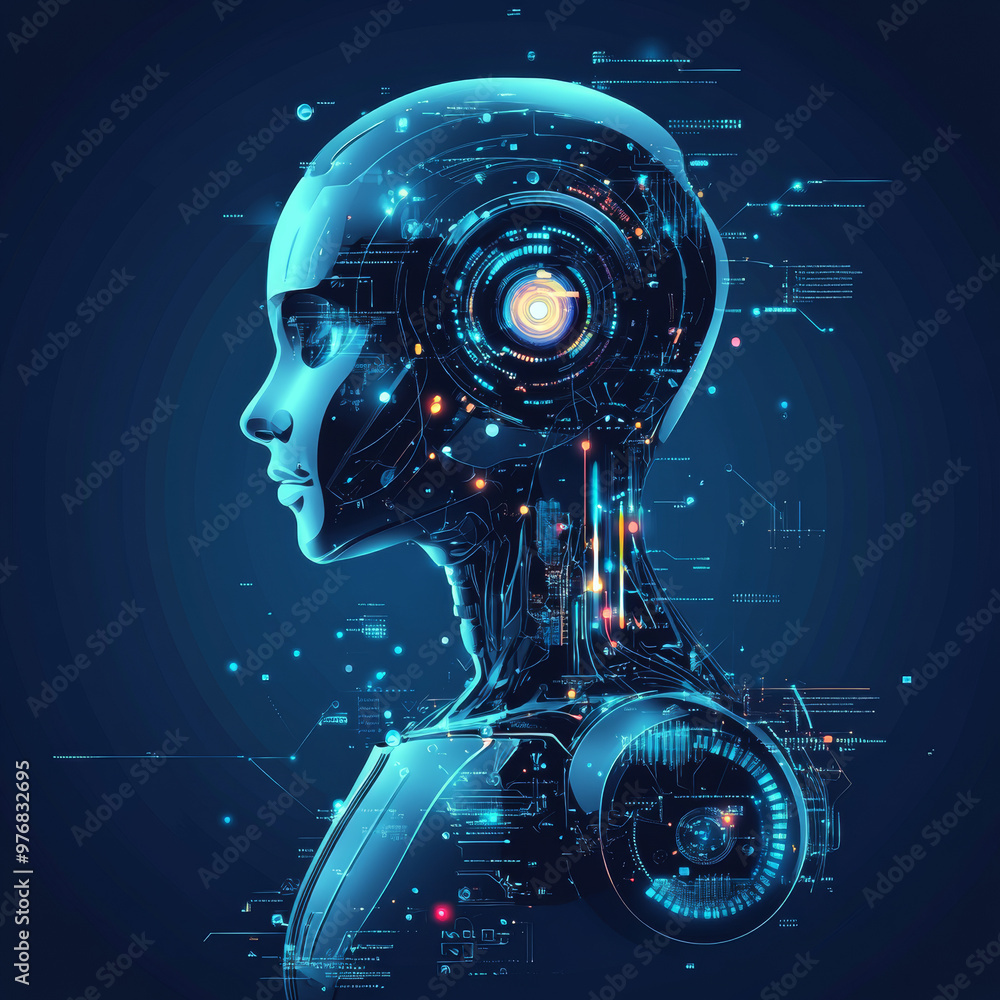 Poster background concept of ai learning and artificial intelligence featuring an assistant robot, machine 