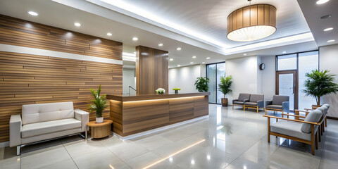 Modern clinic reception and waiting room with stylish design elements, clinic, reception, waiting room, modern