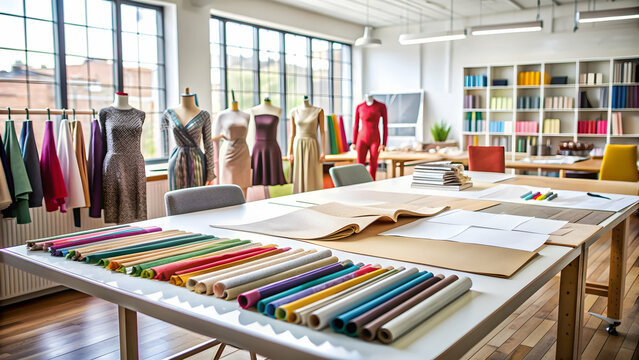 Stylish drawings of textile fabric material in a fashion designer's creative workshop studio , fashion, designer, sketches