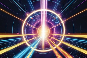 Obraz premium Quantum Leap and Dimensional Travel in Multiverse with Radiant Energy Bands at Time Portal Visualization