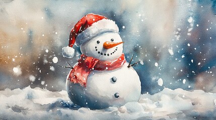Snowman in santa hat watercolor -