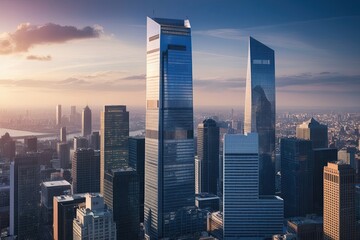 Fototapeta premium Modern Skyscrapers in Digital Urban Environments Exploring Finance and Architectural Innovation