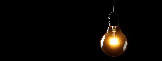 A Single Lit Light Bulb Hanging Against a Black Background