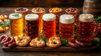 An inviting display of various craft beers and pretzels, ideal for celebrations, gatherings, or bar-themed events.