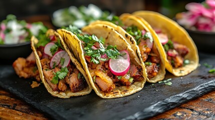 A plate of fusion crispy pork belly tacos with kimchi, served on a rustic wooden board, bustling street food market with vibrant lighting, minimalistic style, 3D render, medium sho