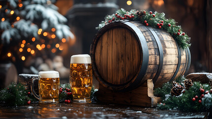 Cozy winter scene featuring a wooden beer barrel, frosty mugs, and festive greenery, perfect for holiday celebrations.