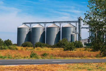 Grain silos building on agricultural farm