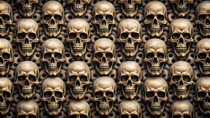 Repeating pattern of human skulls in a gothic , gothic, macabre, spooky, dark, eerie, death, horror, creepy, skeleton