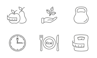 Healthy Living and Dieting Line Icon Set with Symbols of Fruit, Fitness, and Nutrition. Healthy Lifestyle and Weight Loss Concept. Editable Stroke. Isolated Vector Illustration
