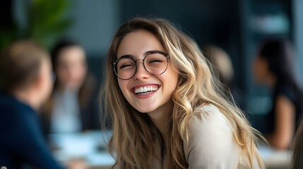 Obraz premium Close-up Portrait of a Smiling Woman with Blonde Hair and Glasses