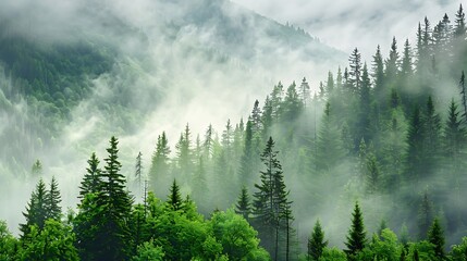 Fototapeta premium Misty mountain landscape with coniferous forest