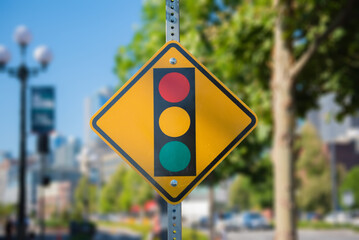 Stop light ahead yellow sign with a traffic signal on it for drivers, runners and cyclists.