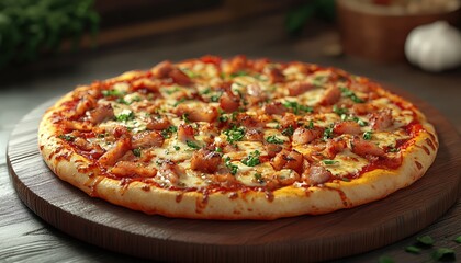 A fusion pizza topped with kimchi, pork belly, and mozzarella, placed on a rustic wooden board, cozy pizza joint with warm lighting, minimalistic style, 3D render, medium shot with