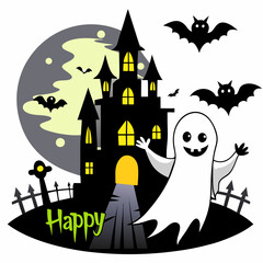 Halloween Cartoon Ghost, Haunted Castle, black vampire castle, happy Halloween, silhouette on white background 