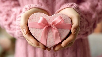Hands Holding a Heart-Shaped Gift Box: A pair of hands holding a heart-shaped gift box with a bow, set against a romantic, soft-focus background. 
