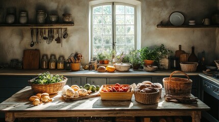 Rustic kitchen interior with a large window, wooden countertop, and fresh produce.