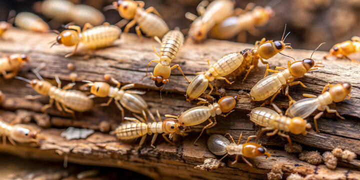 Swarm of small termites on decaying timber, with one termite foraging for food to feed the larvae in a cavity , termites, decay