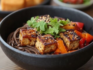 A bowl of fusion soba noodles with roasted vegetables and sesame tofu, resting on a white ceramic bowl, minimalist plant-based cafe with large windows and natural light, peaceful s
