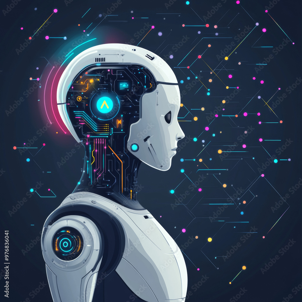 Poster background concept of artificial intelligence featuring an assistant robot, machine learning, and a 
