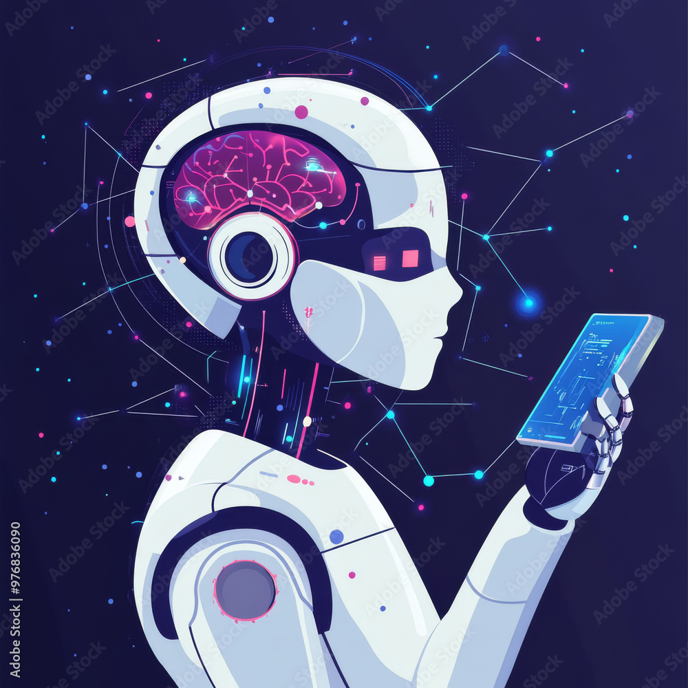 Poster background concept of artificial intelligence featuring an assistant robot, machine learning, and a 