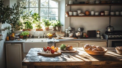 Rustic kitchen countertop with fresh produce and baked goods.